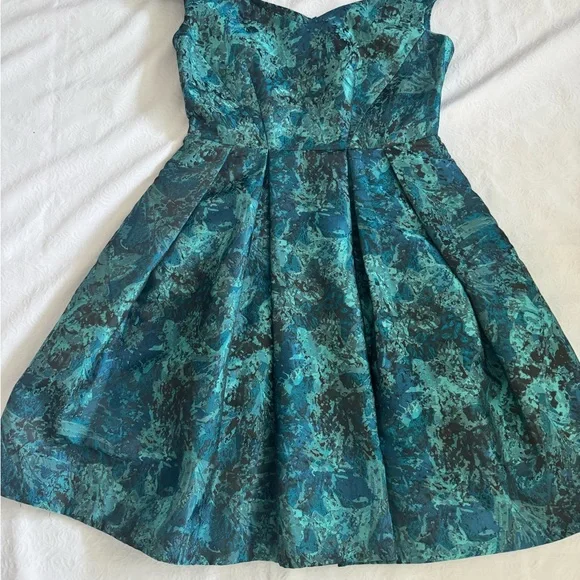Maggy London Teal and Floral Brocade Fit-and-Flare Dress - Picture 2 of 11